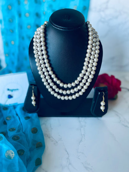 Ivory Pearl Necklace Set: Three-Strand Faux Pearl, 18 Inch