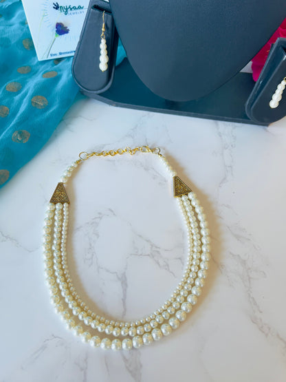 Ivory Pearl Necklace Set: Three-Strand Faux Pearl, 18 Inch