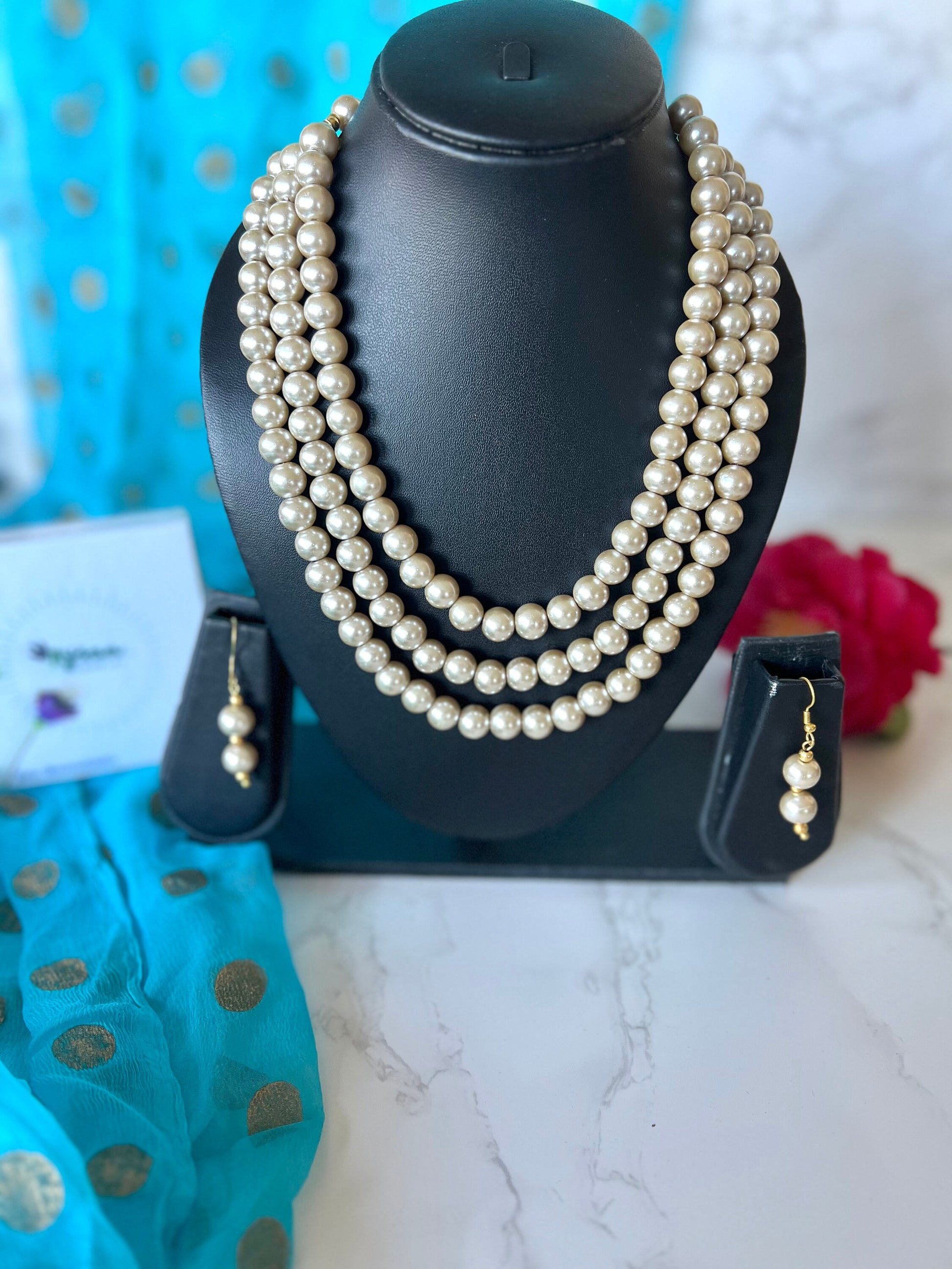 Ivory Pearl Necklace Set: Three-Strand Faux Pearl, 18 Inch
