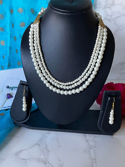 Ivory Pearl Necklace Set: Three-Strand Faux Pearl, 18 Inch