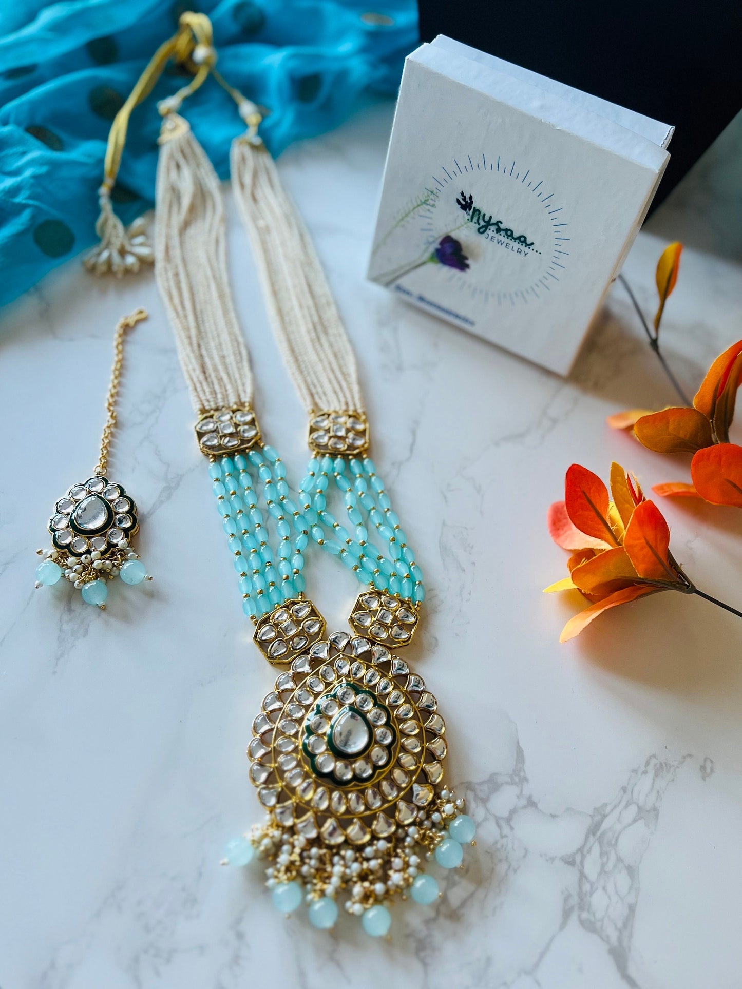 Aqua Kundan Necklace Set: Multilayered Beaded Indian Jewelry