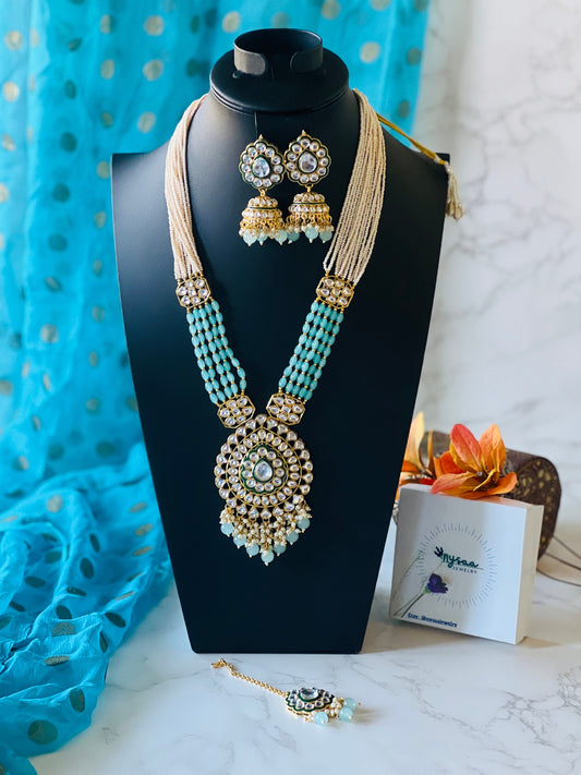Aqua Kundan Necklace Set: Multilstrand Beaded long necklace Indian Jewelry
