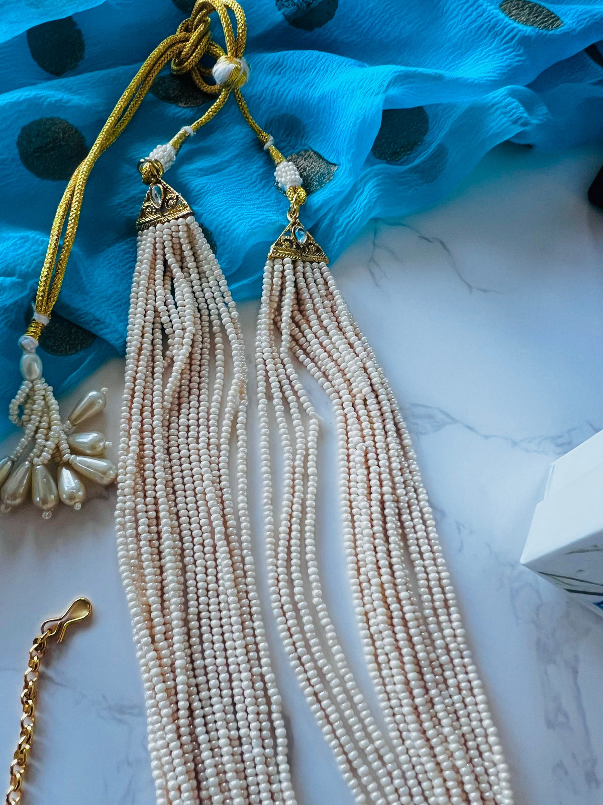 Aqua Kundan Necklace Set: Multilstrand Beaded long necklace Indian Jewelry