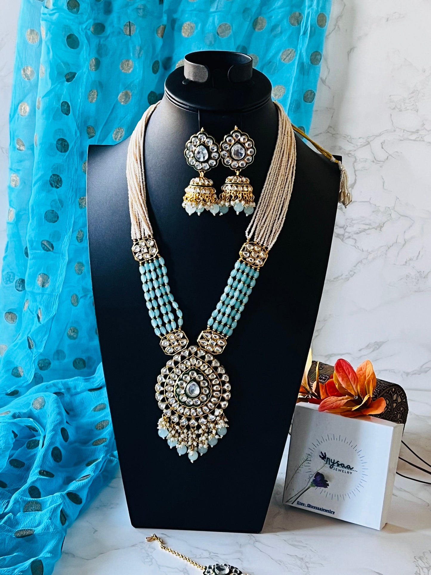 Aqua Kundan Necklace Set: Multilstrand Beaded long necklace Indian Jewelry