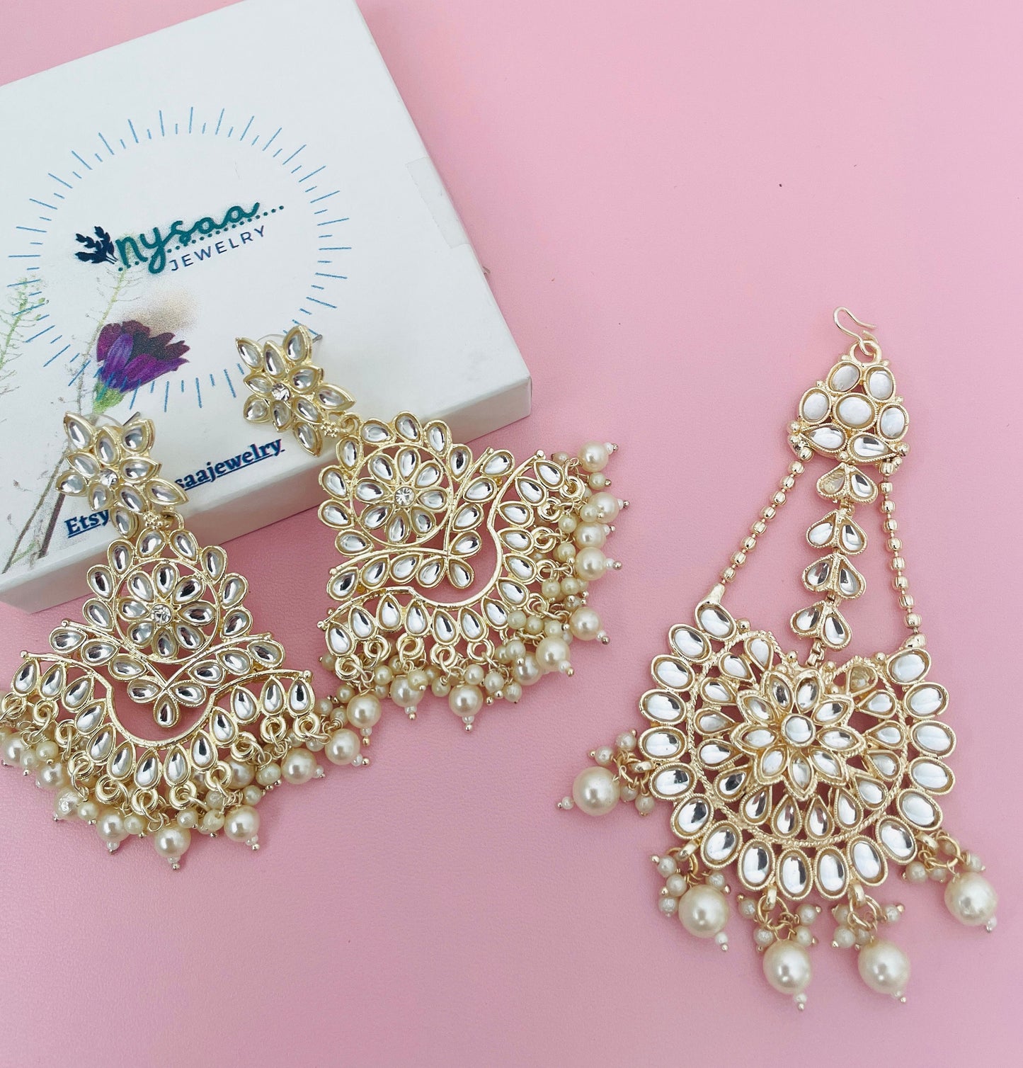 Kundan Chandbali Earrings: Ivory Pearl Pasa Set, Gold-Tone Finish