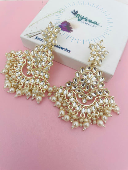 Kundan Chandbali Earrings: Ivory Pearl Pasa Set, Gold-Tone Finish