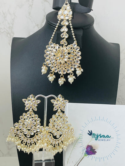 Kundan Chandbali Earrings: Ivory Pearl Pasa Set, Gold-Tone Finish