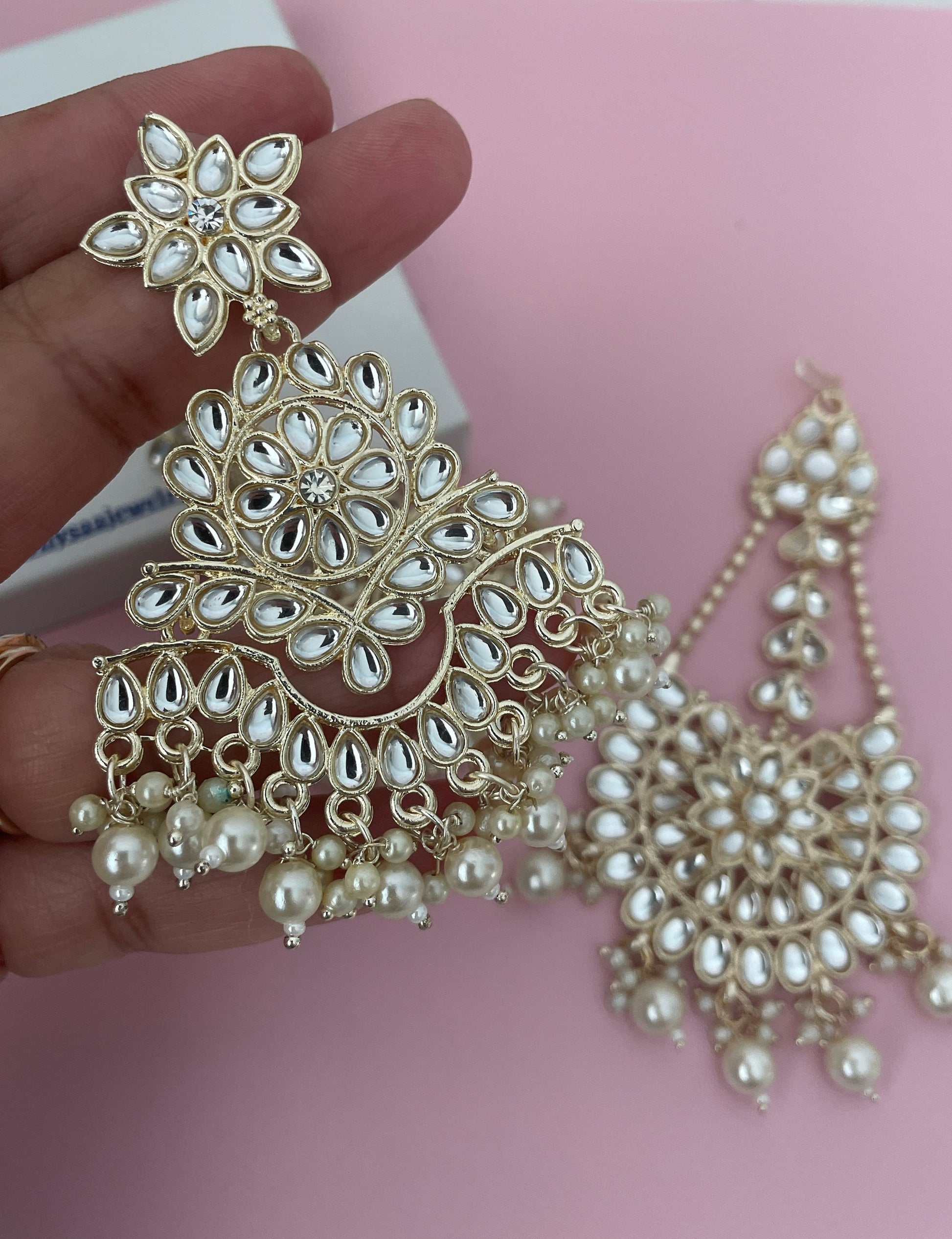 Kundan Chandbali Earrings: Ivory Pearl Pasa Set, Gold-Tone Finish