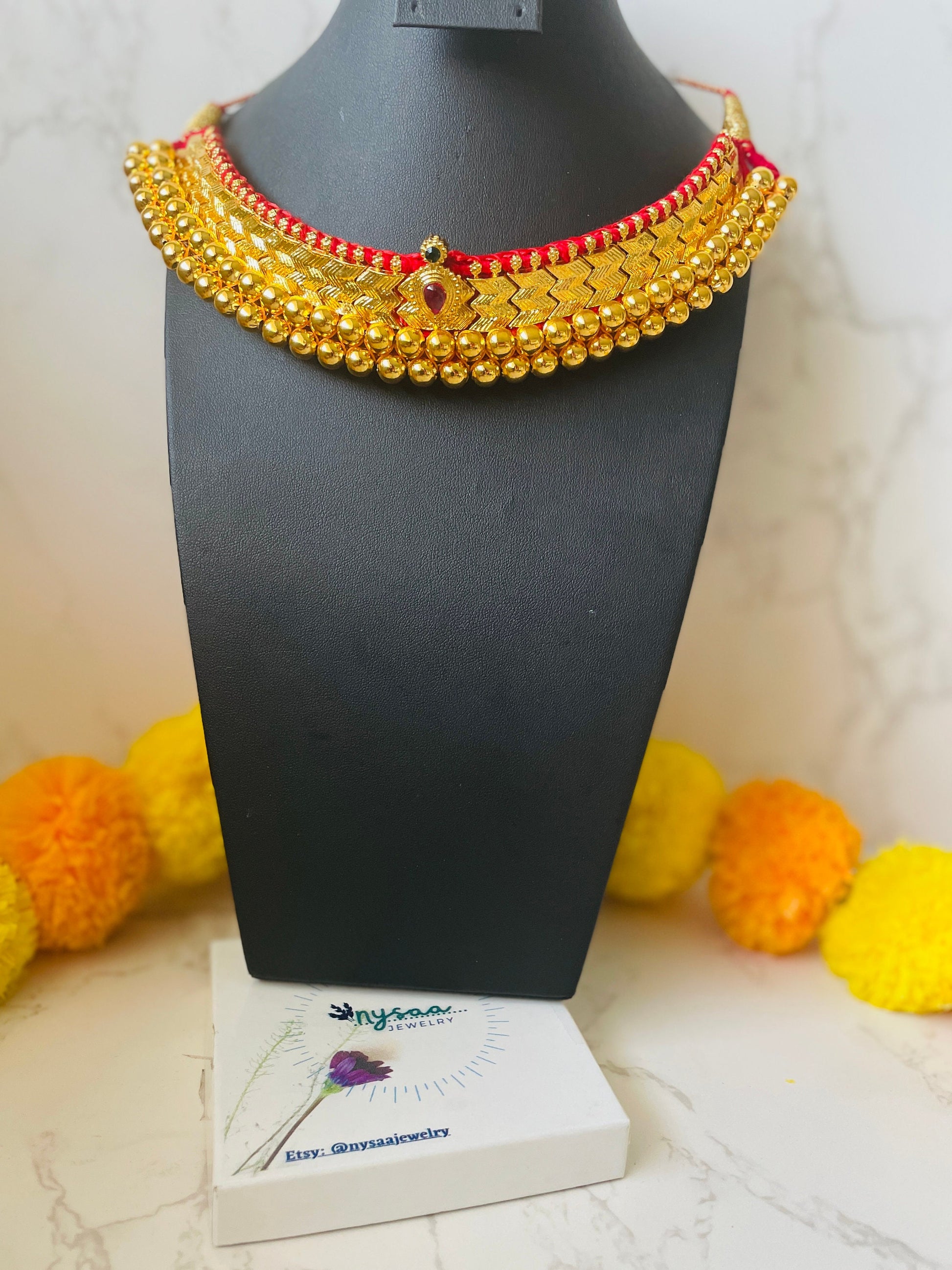 Mahalaxmi Vajratik Thushi Necklace: Micro Gold Plated Maharashtrian Bridal Jewelry