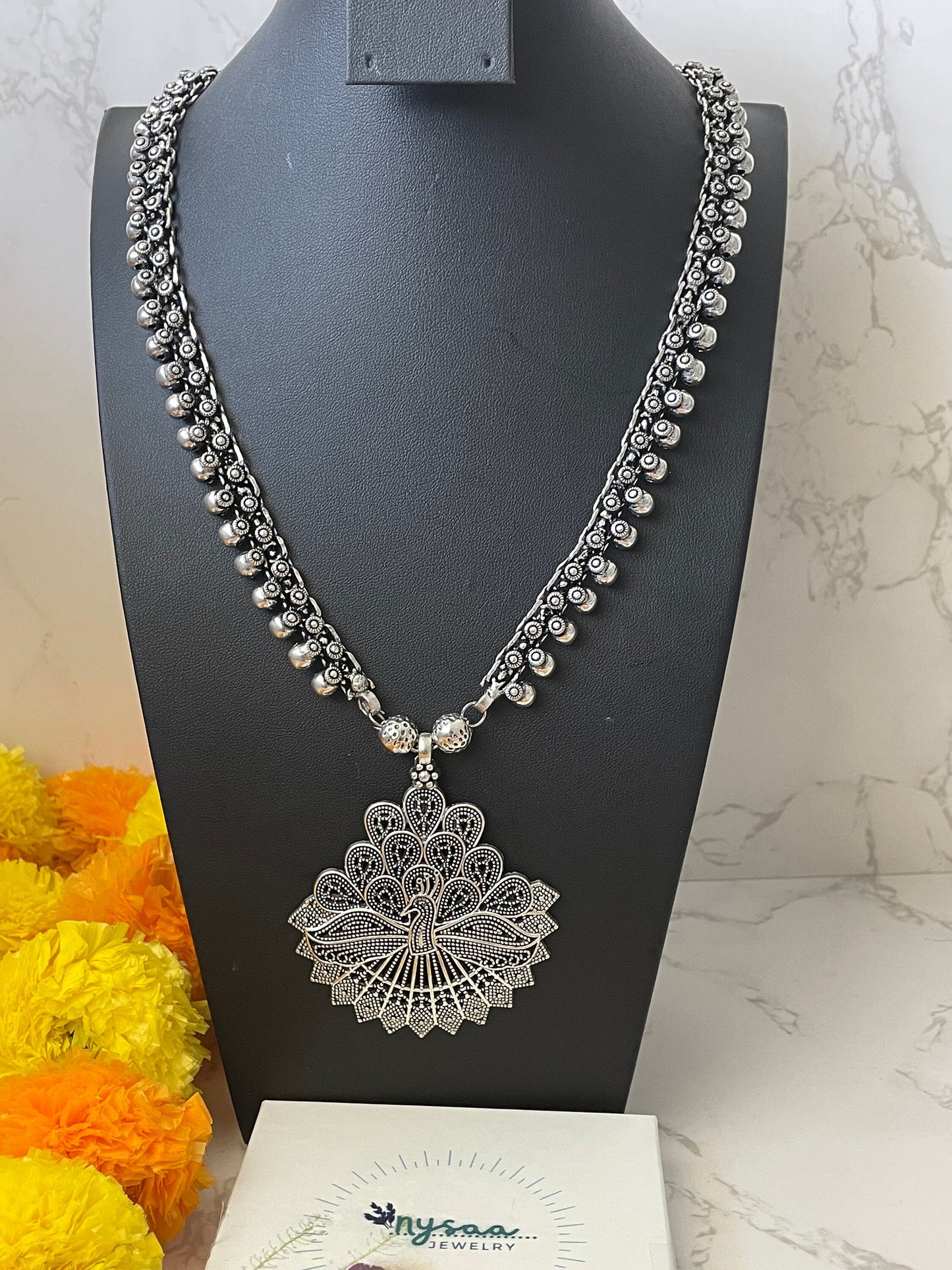 Oxidized Silver Long Necklace: Indian Navratri Jewelry