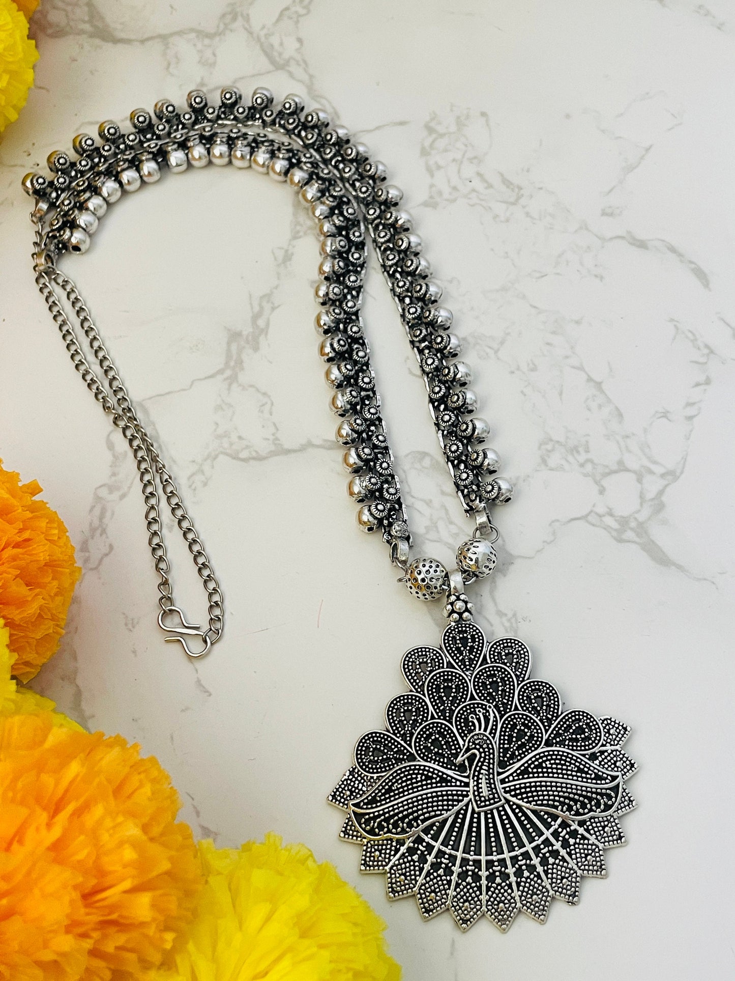 Oxidized Silver Long Necklace: Indian Navratri Jewelry
