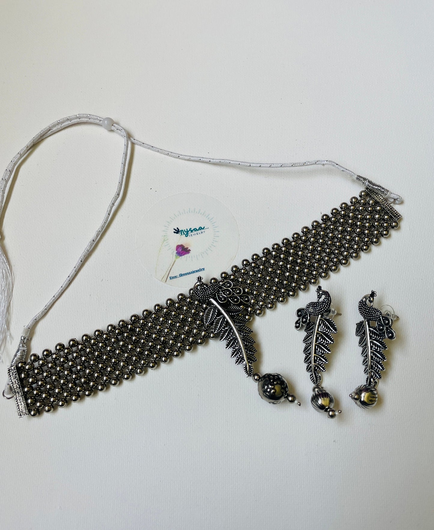 Oxidized Krishna Choker Necklace with Earrings: Red Beads