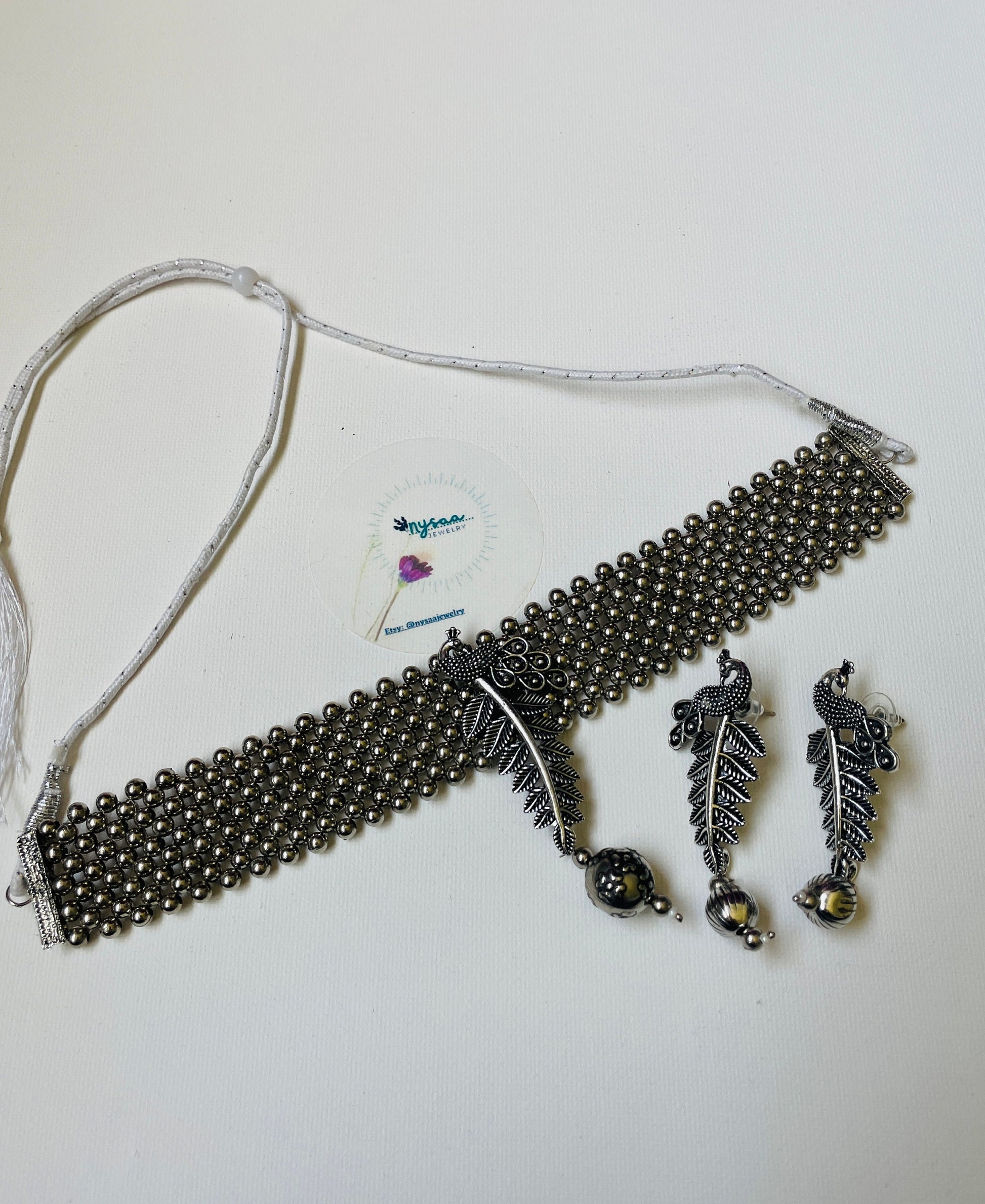 Oxidized Krishna Choker Necklace with Earrings: Red Beads