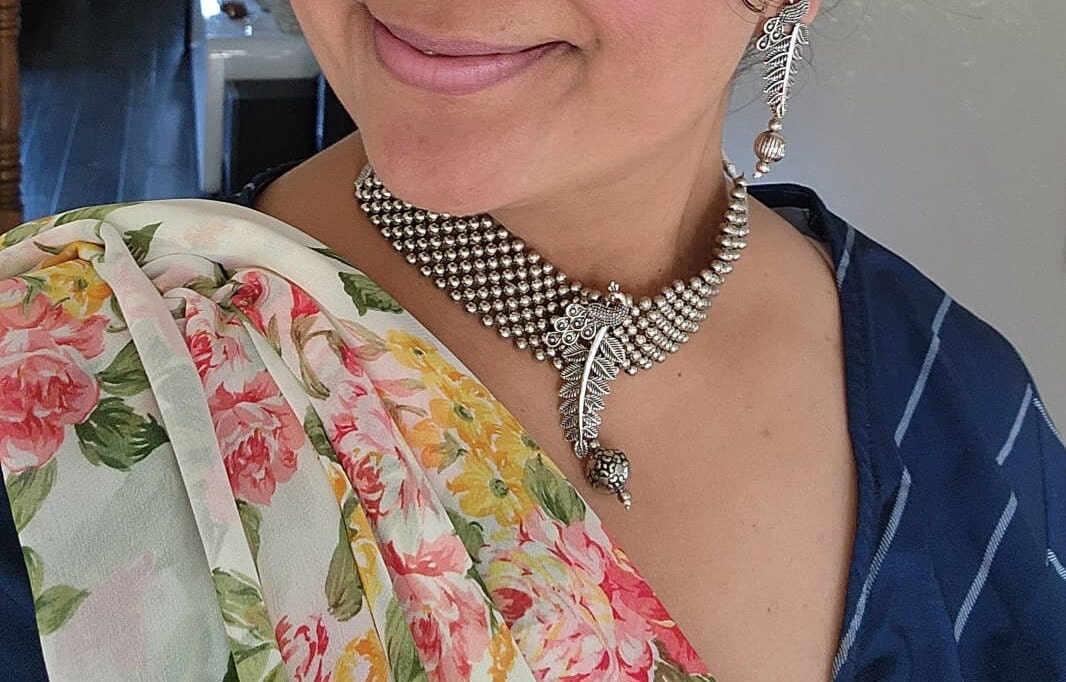 Oxidized Krishna Choker Necklace with Earrings: Red Beads