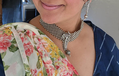 Oxidized Krishna Choker Necklace with Earrings: Red Beads