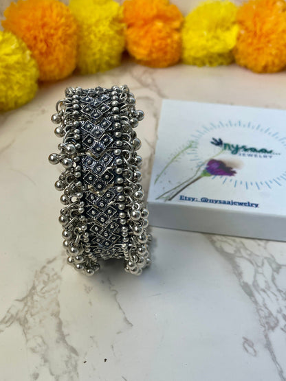 Oxidized Ghungaroo Cuff Bracelet: Adjustable Silver Bangle
