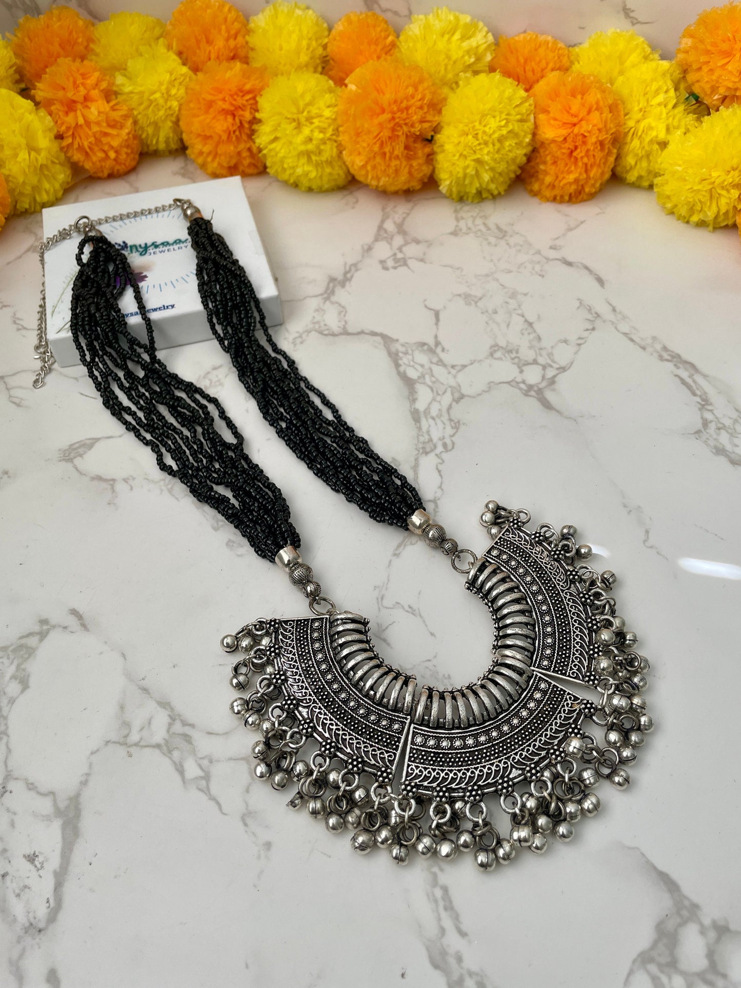 Long Oxidised big pendant beads necklace | Bollywood statement jewelry | Oxidized Necklace