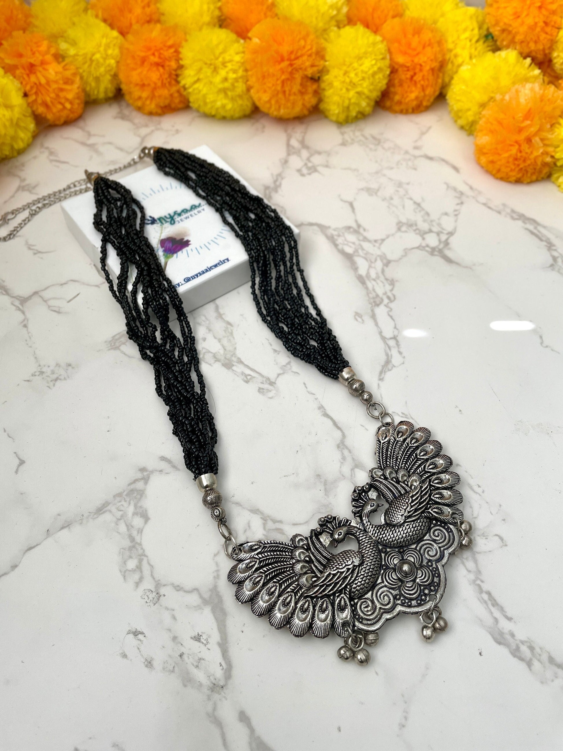Long Oxidised big pendant beads necklace | Bollywood statement jewelry | Oxidized Necklace
