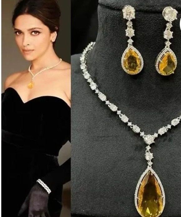 Blue Cubic Zirconia Necklace Set: Rhodium Plated Indian Jewelry