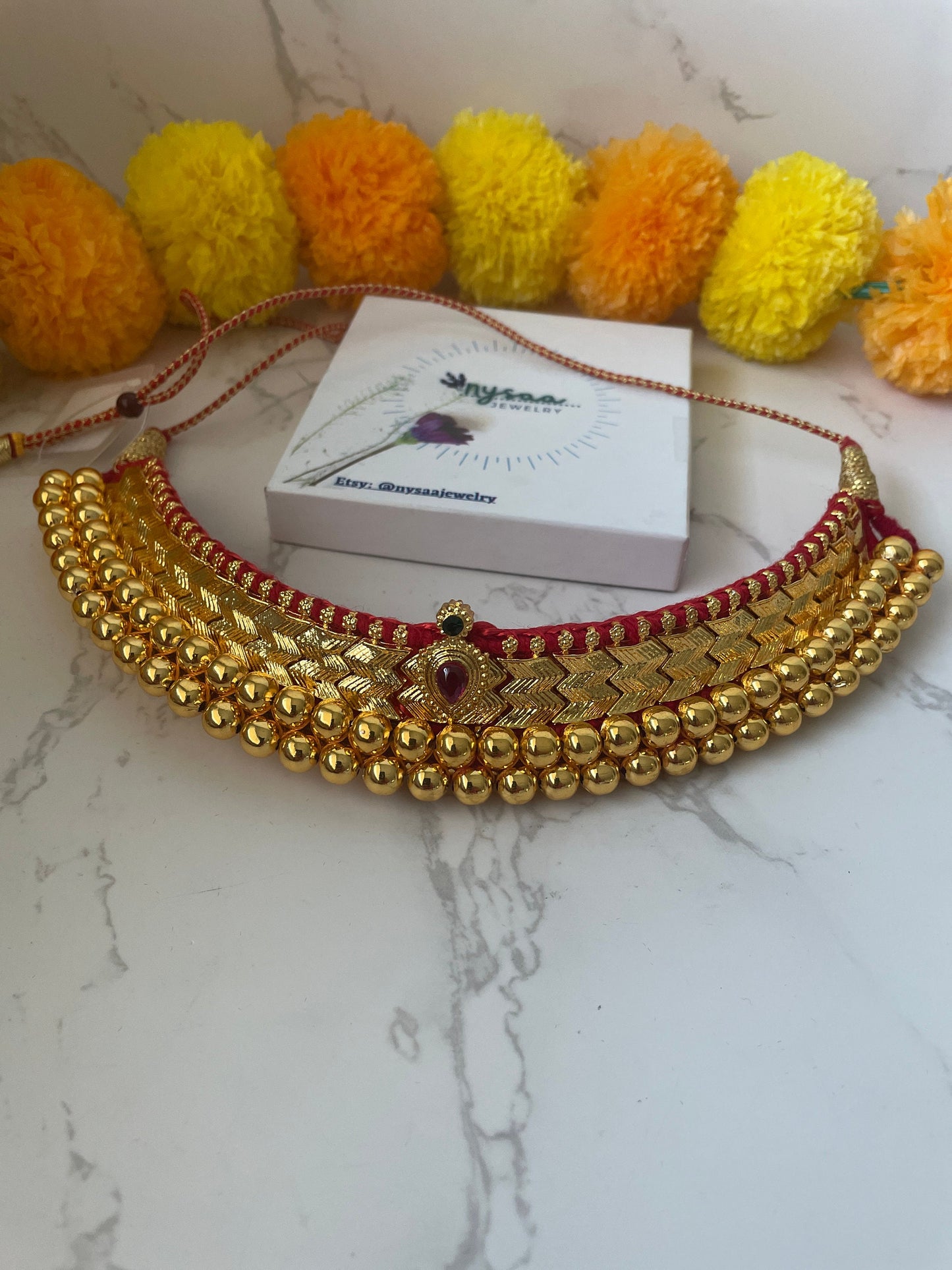 Mahalaxmi Vajratik Thushi Necklace: Micro Gold Plated Maharashtrian Bridal Jewelry