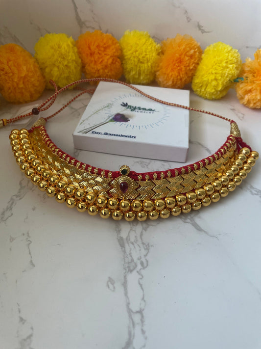 Mahalaxmi Vajratik Thushi Necklace: Micro Gold Plated Maharashtrian Bridal Jewelry