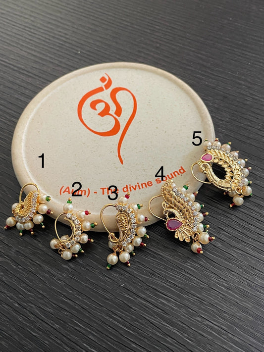 Maharashtrian Pearl Nath: Gold Plated Nose Clip-On - Traditional Indian Jewelry