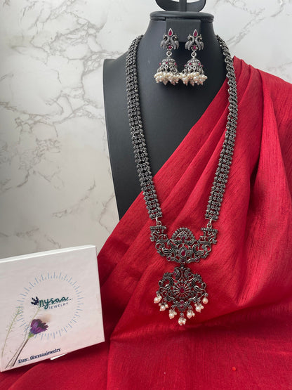 Oxidized Silver Necklace Set: Long Haaram Jhumki Jewelry