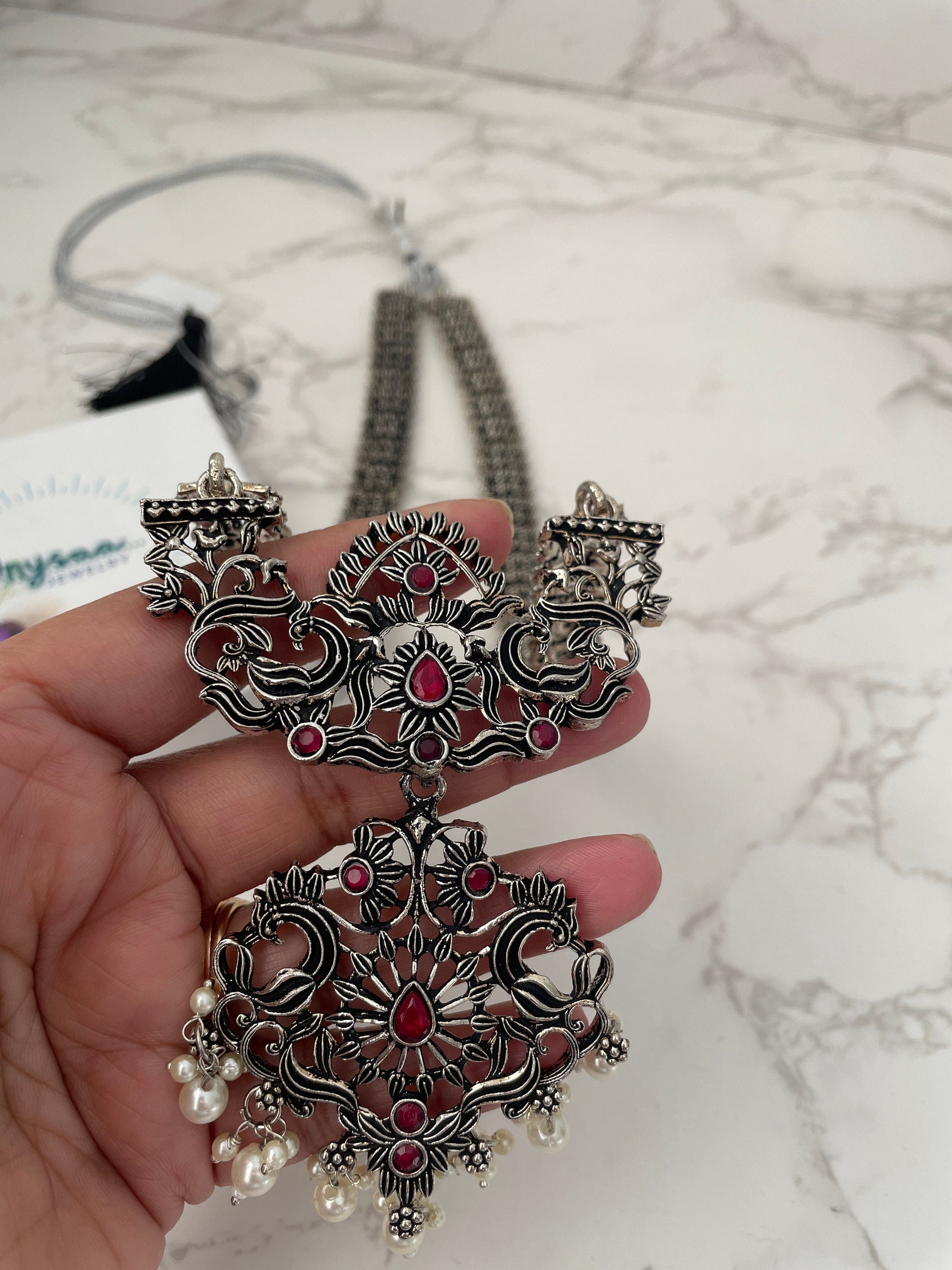 Oxidized Silver Necklace Set: Long Haaram Jhumki Jewelry