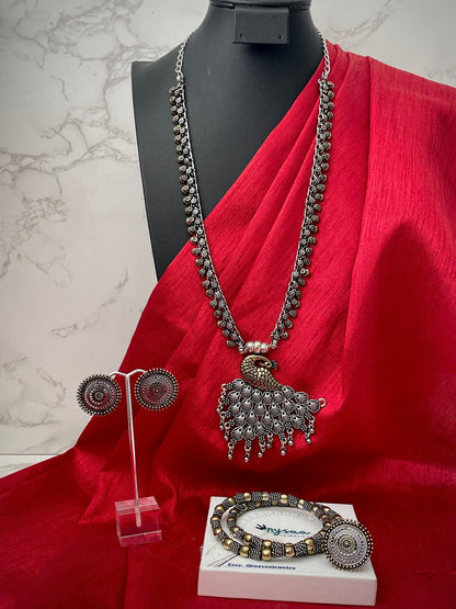 Oxidized Maa Durga/Peacock Necklace Set: Indian Navratri Jewelry
