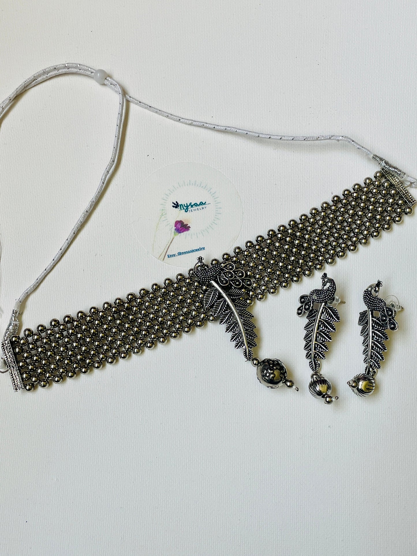 Oxidized Krishna Choker Necklace with Earrings: Red Beads