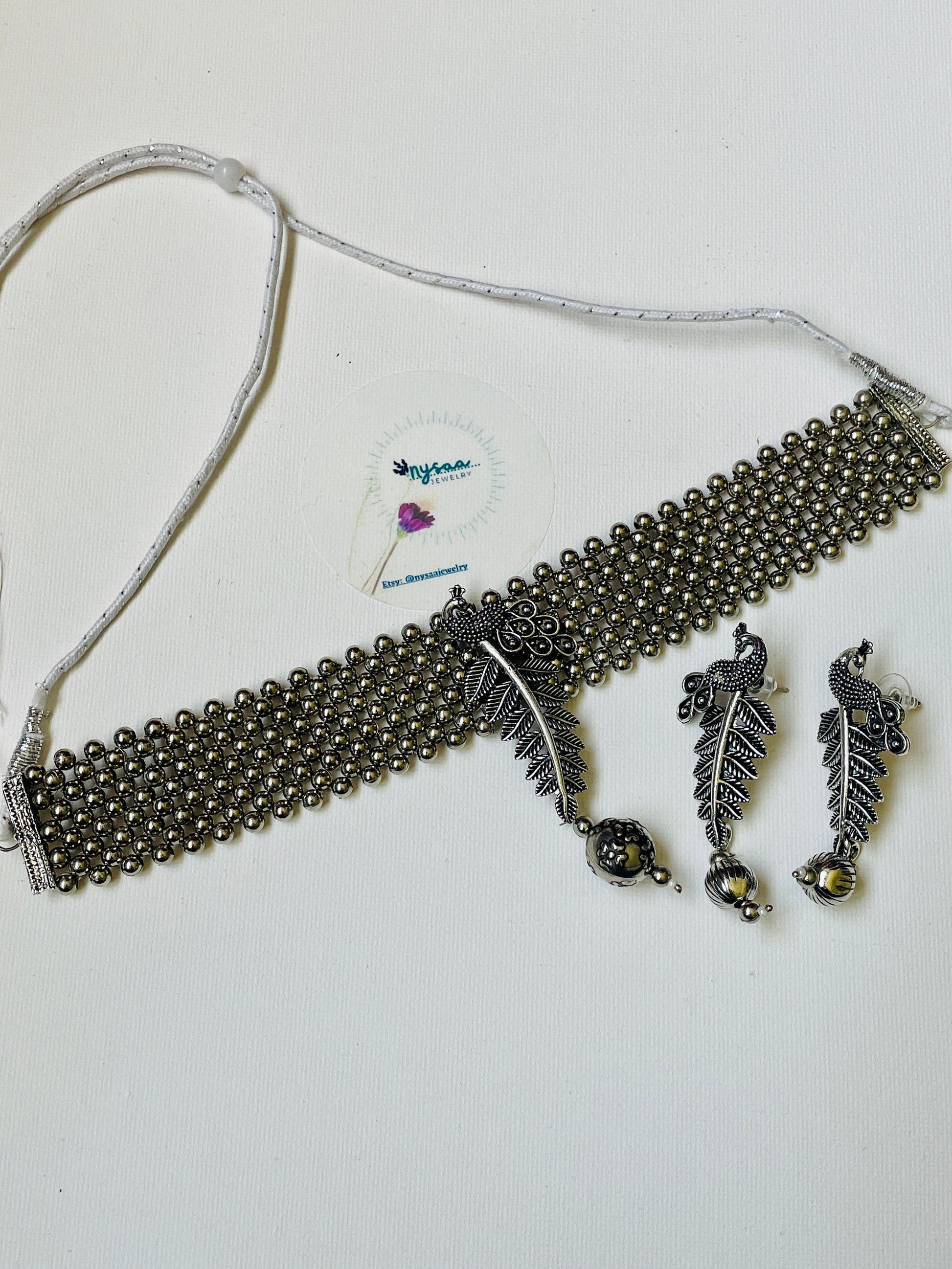 Oxidized Krishna Choker Necklace with Earrings: Red Beads