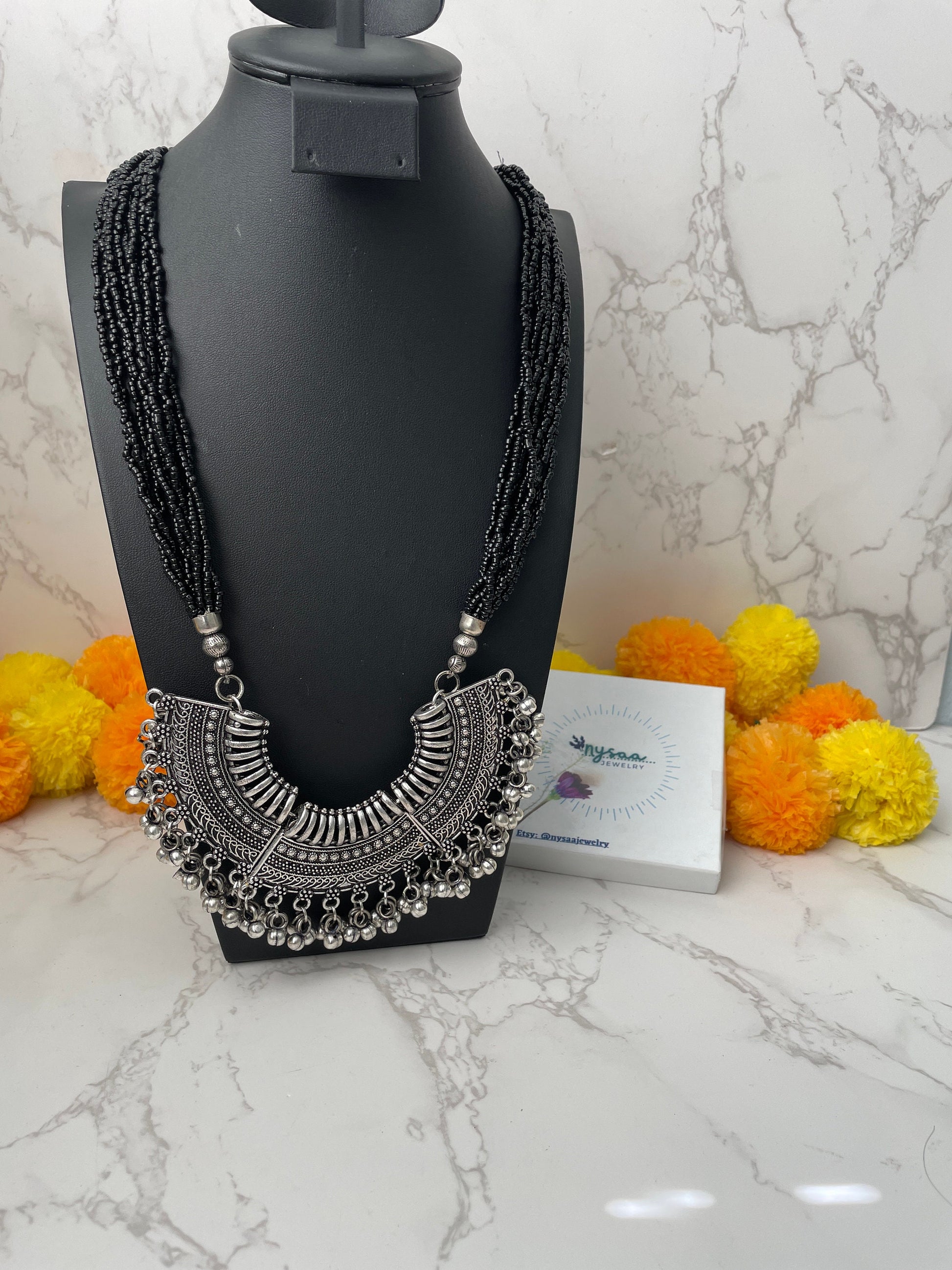 Long Oxidised big pendant beads necklace | Bollywood statement jewelry | Oxidized Necklace