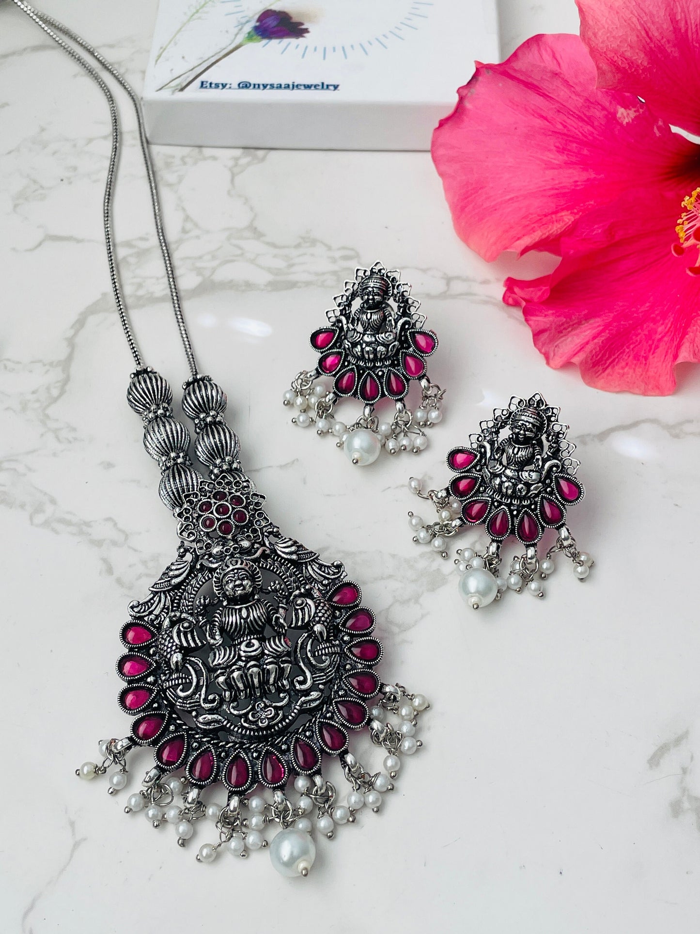 Oxidized Kemp Stone Necklace Set: Lakshmi Temple Jewelry