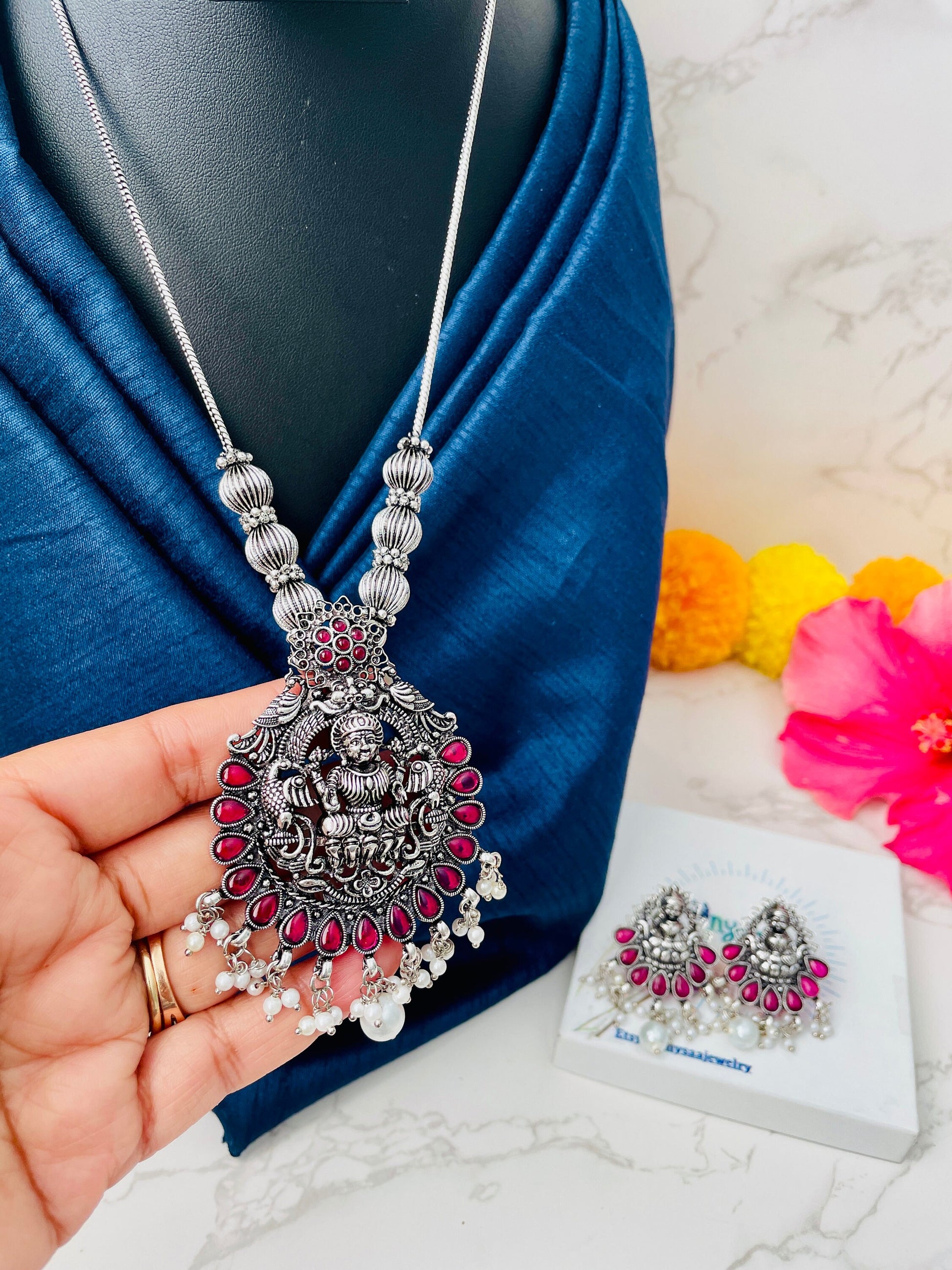 Oxidized Kemp Stone Necklace Set: Lakshmi Temple Jewelry