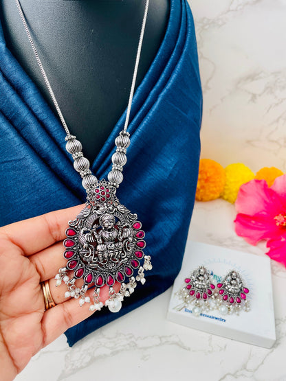 Oxidized Kemp Stone Necklace Set: Lakshmi Temple Jewelry