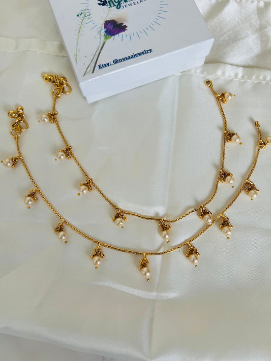 Pearl gold plated anklets 10 inches long