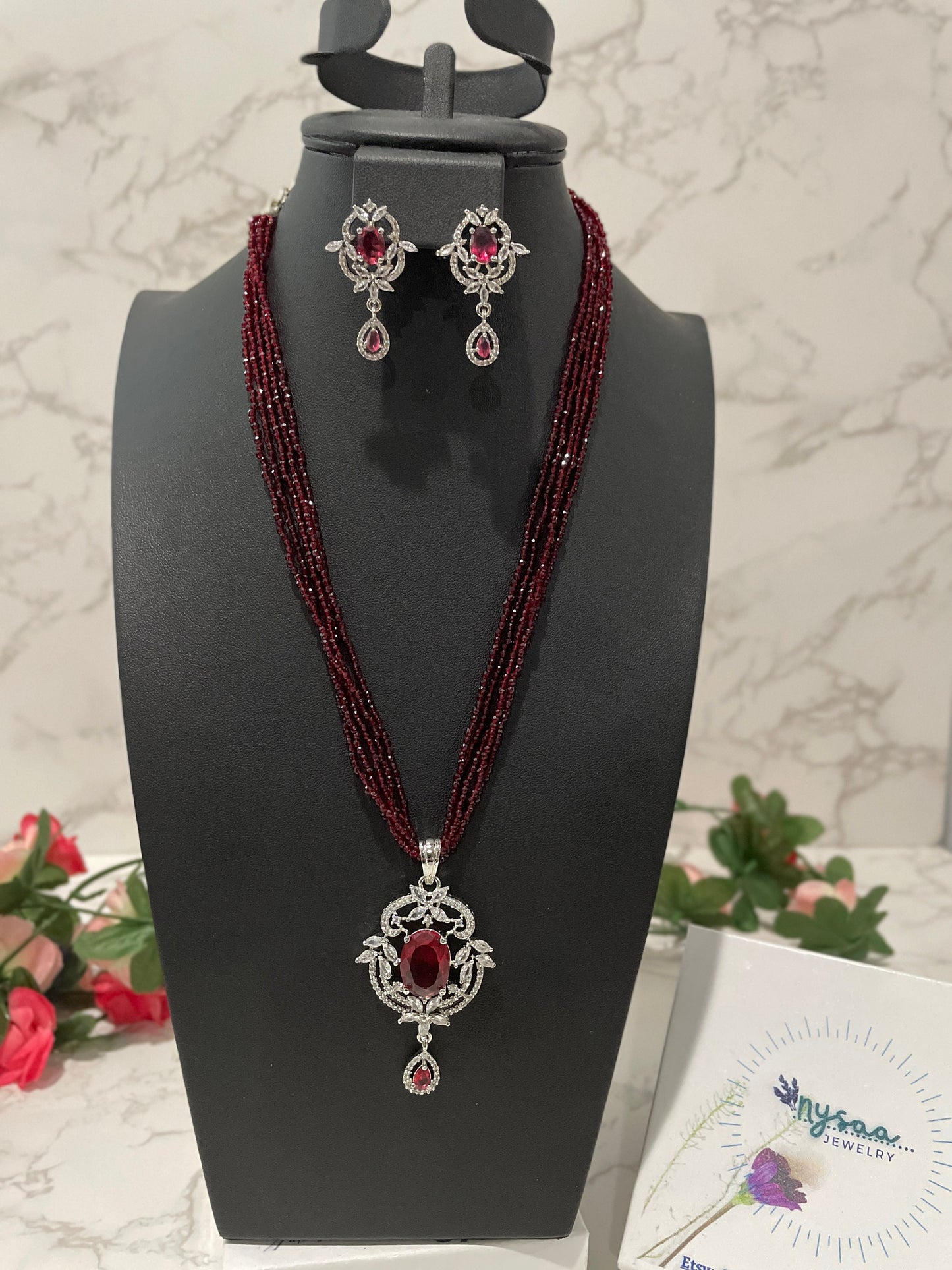 American Diamond Green Stone Necklace Set: Cubic Zirconia Earrings