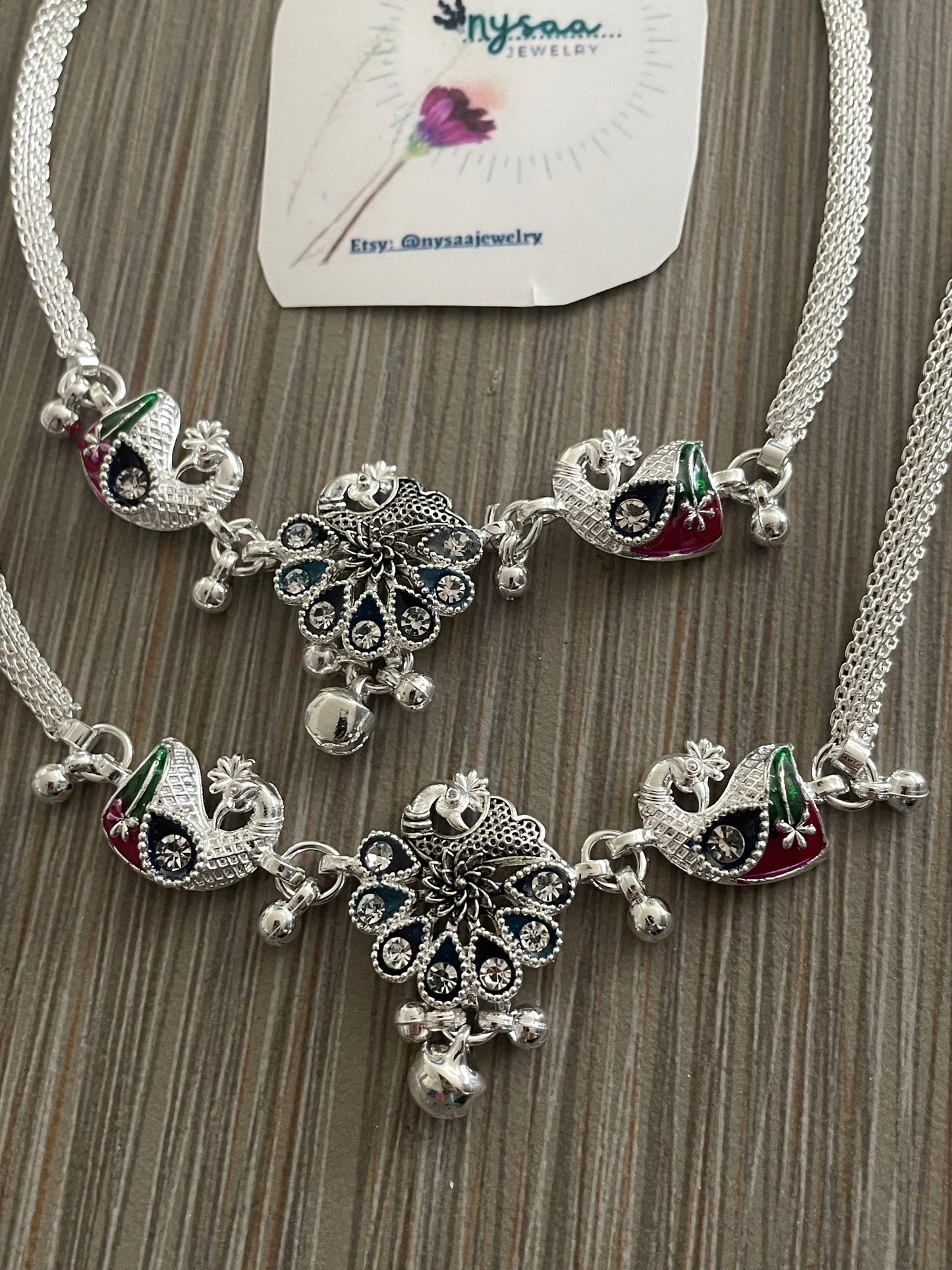 Silver lookalike Minakari Indian Anklets with Bells