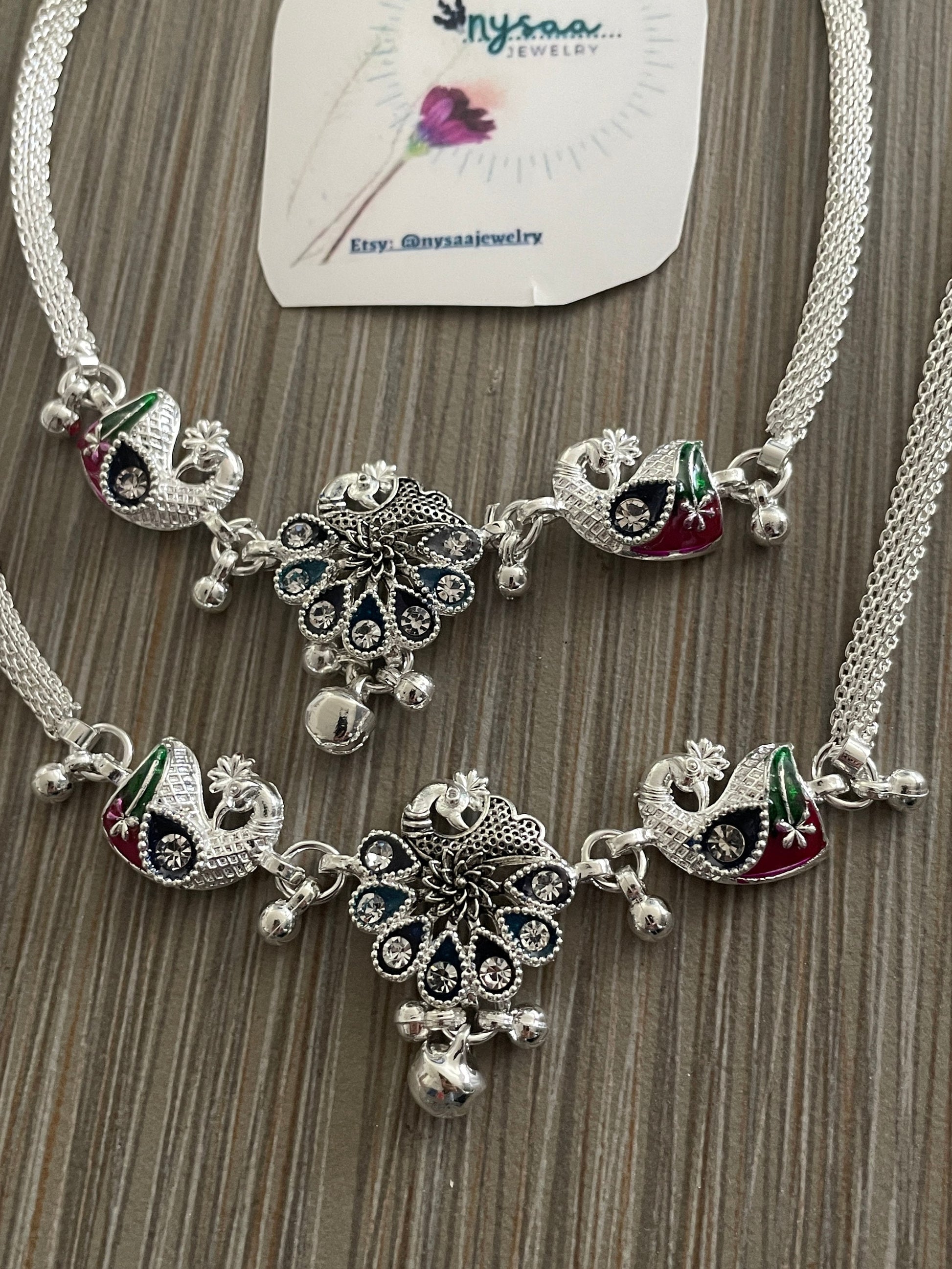 Silver lookalike Minakari Indian Anklets with Bells