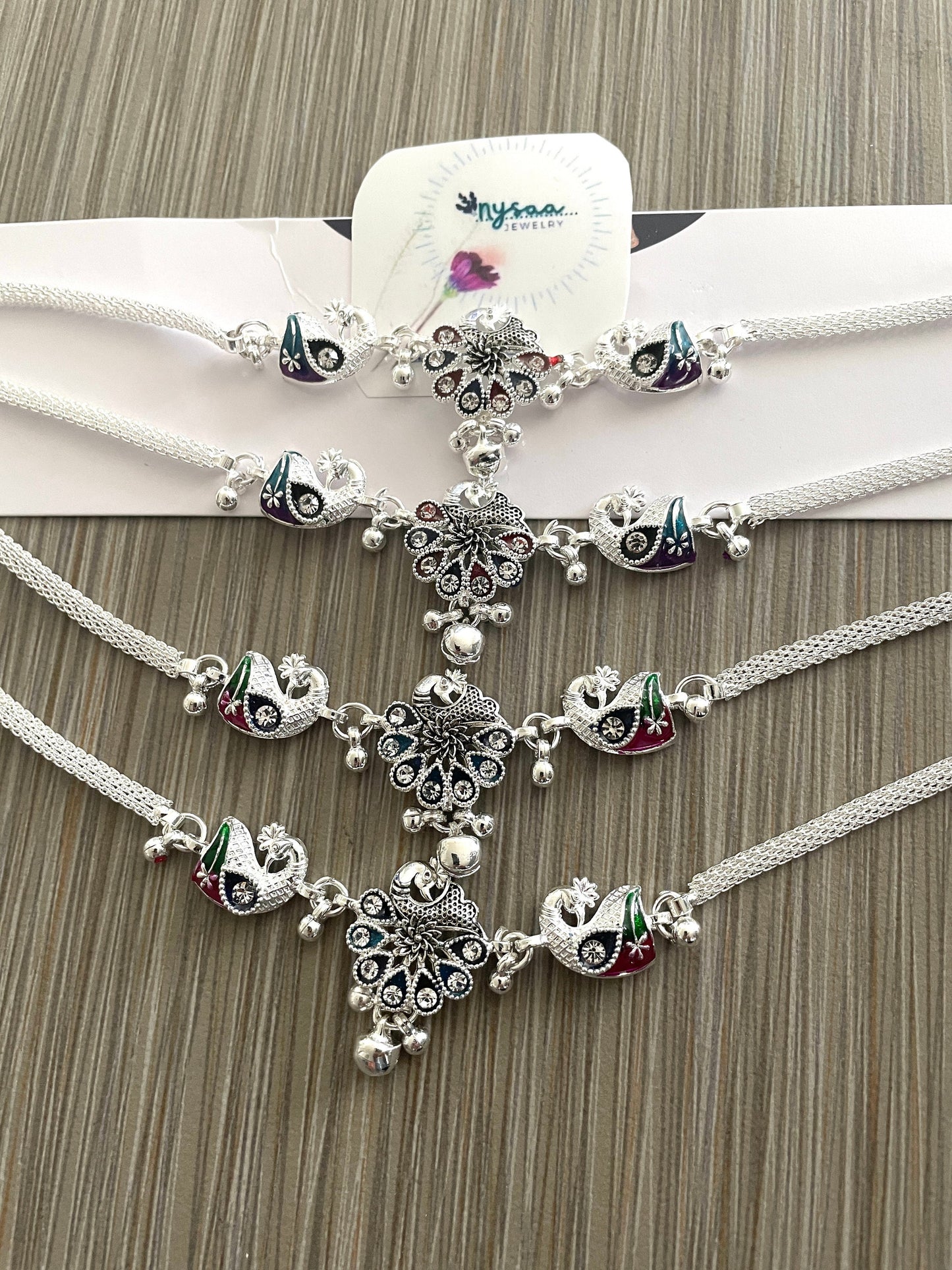 Silver lookalike Minakari Indian Anklets with Bells