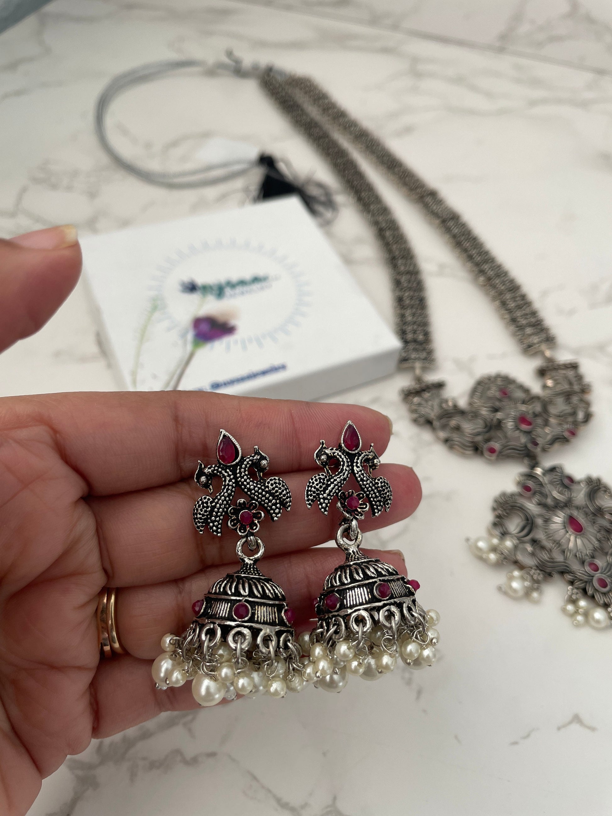 Oxidized Silver Necklace Set: Long Haaram Jhumki Jewelry