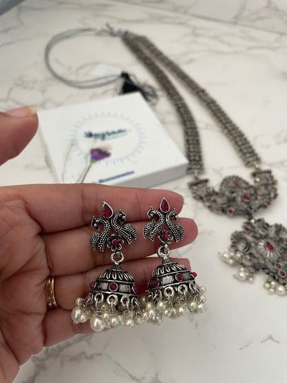 Oxidized Silver Necklace Set: Long Haaram Jhumki Jewelry
