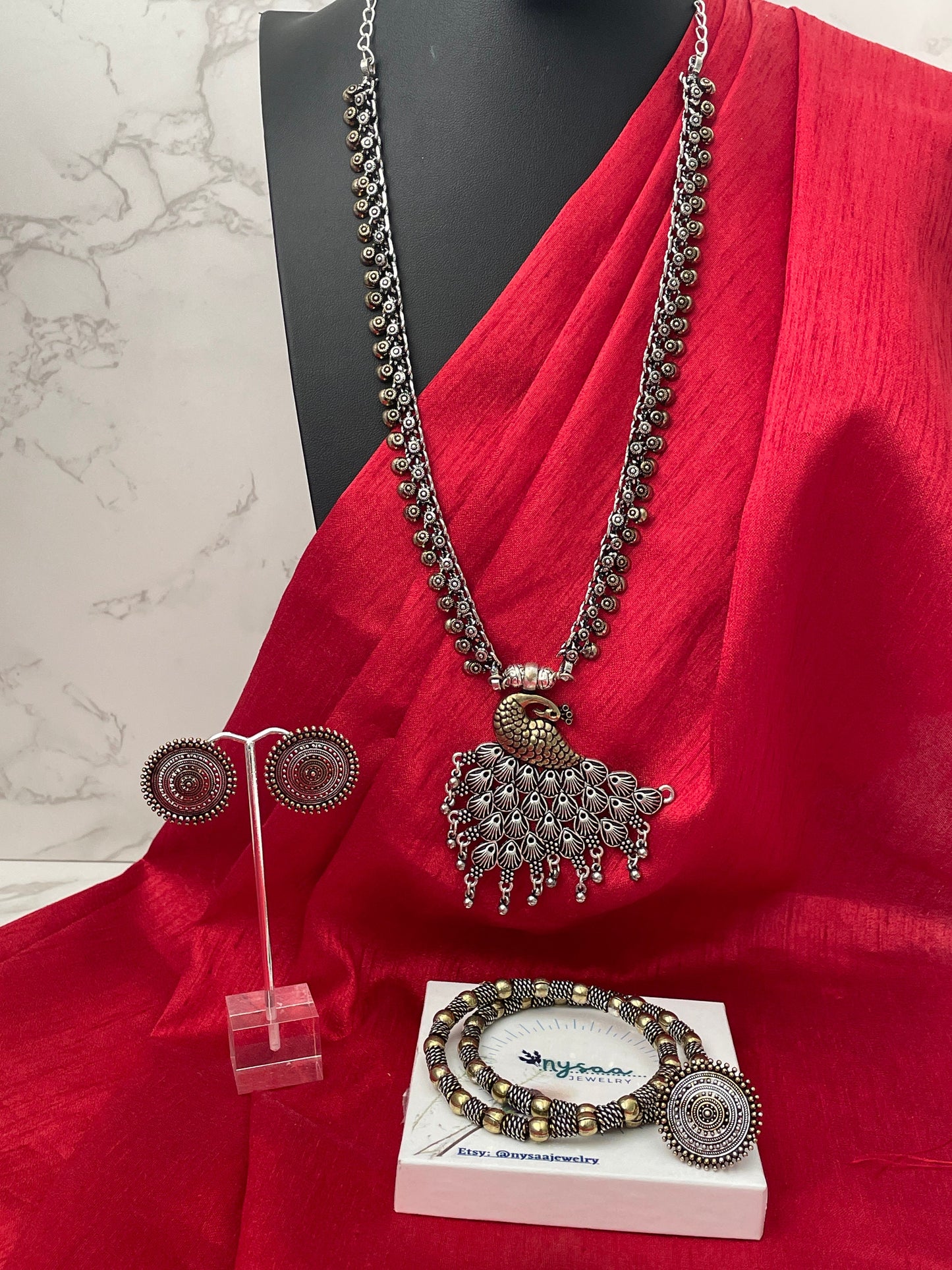 Oxidized Maa Durga/Peacock Necklace Set: Indian Navratri Jewelry