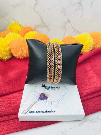 Gold Plated Indian Bangles with Ruby Gems: Lightweight Wedding Jewelry