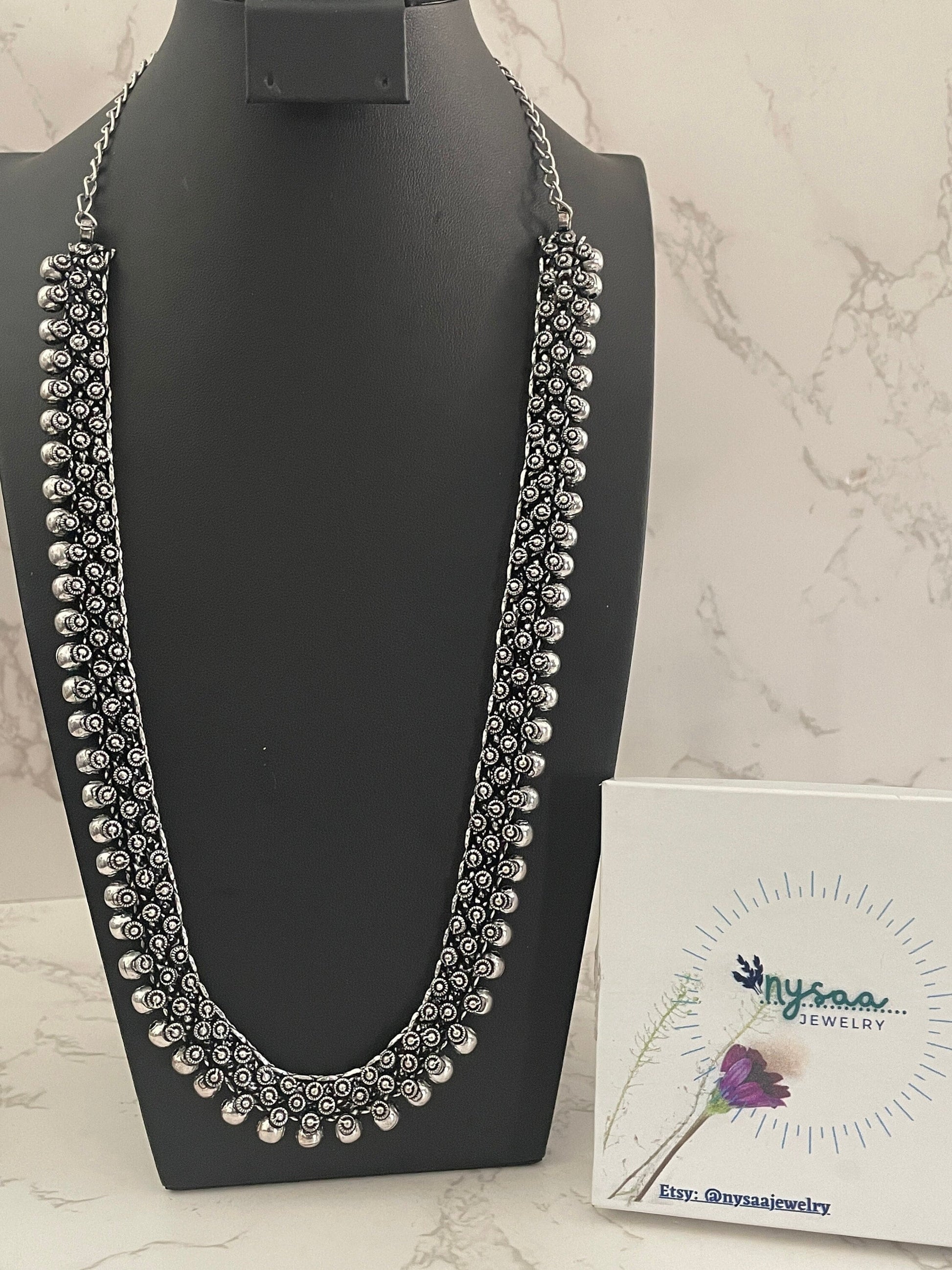 Oxidized Silver Long Necklace: Indian Navratri Jewelry