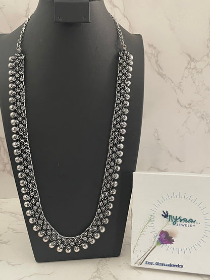 Oxidized Silver Long Necklace: Indian Navratri Jewelry