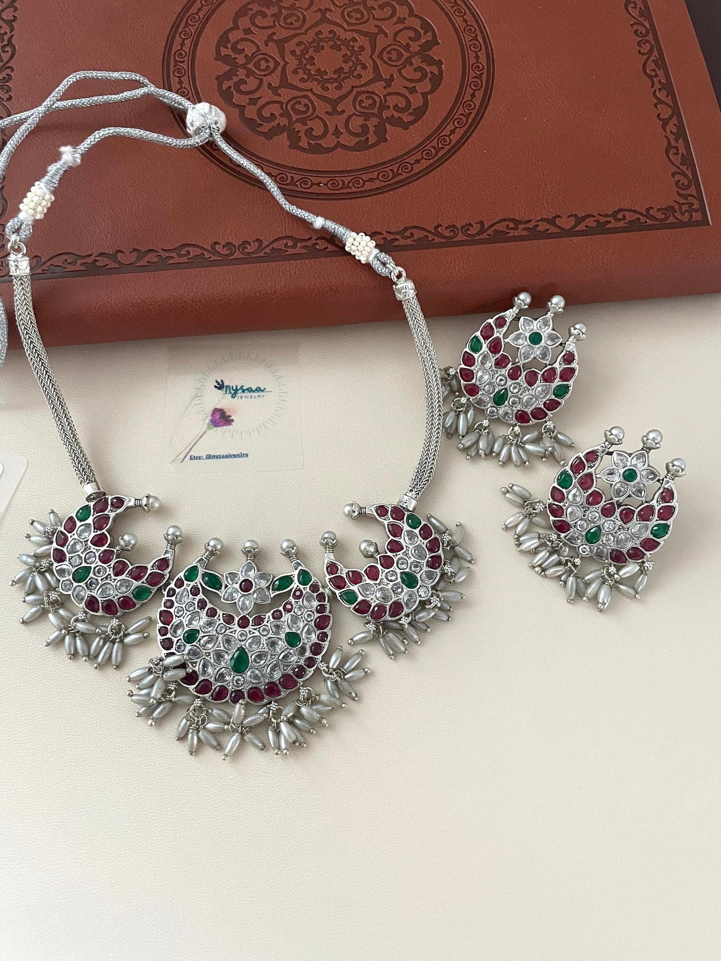 Kemp stone rhodium plated short necklace set