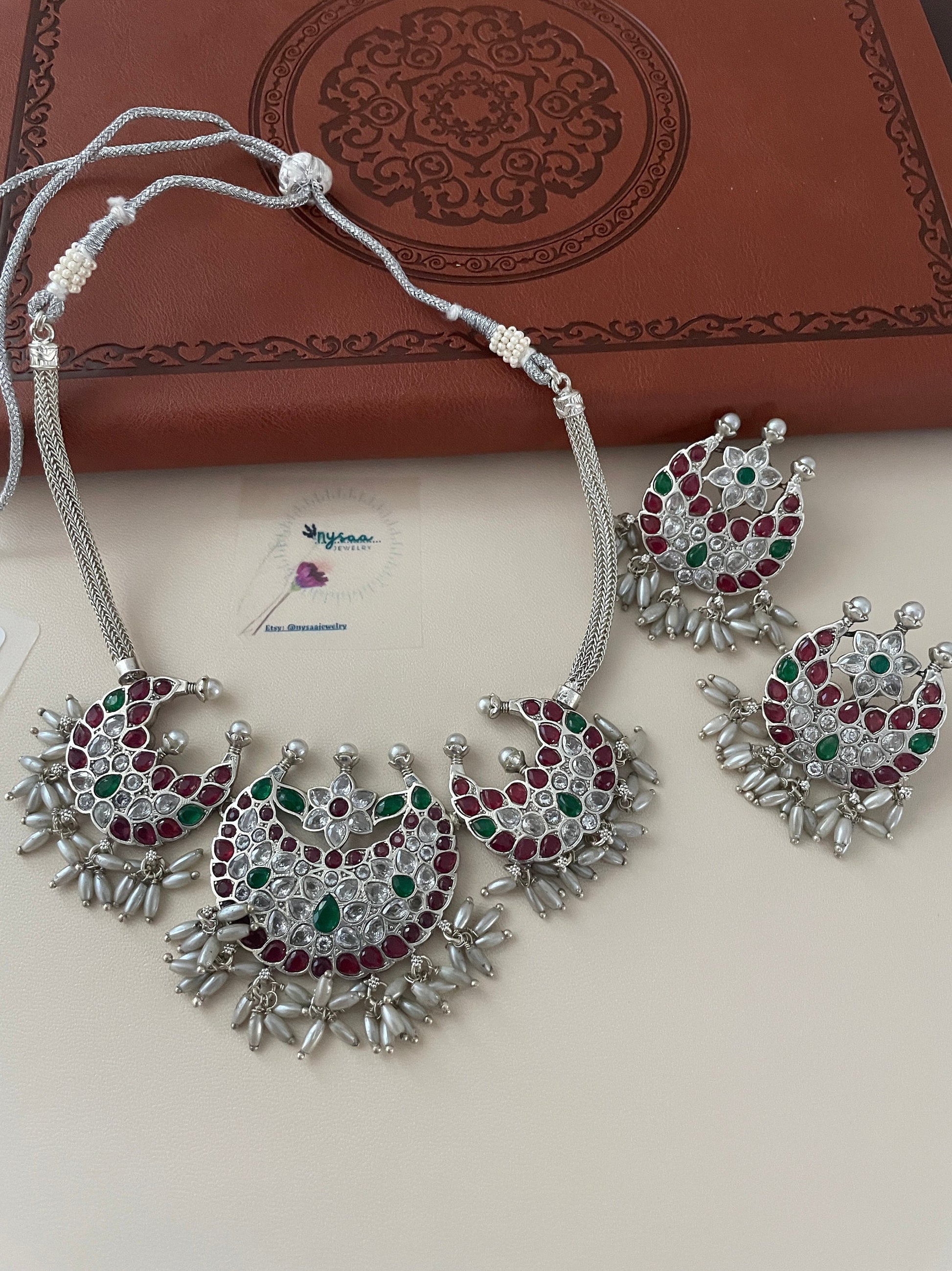 Kemp stone rhodium plated short necklace set