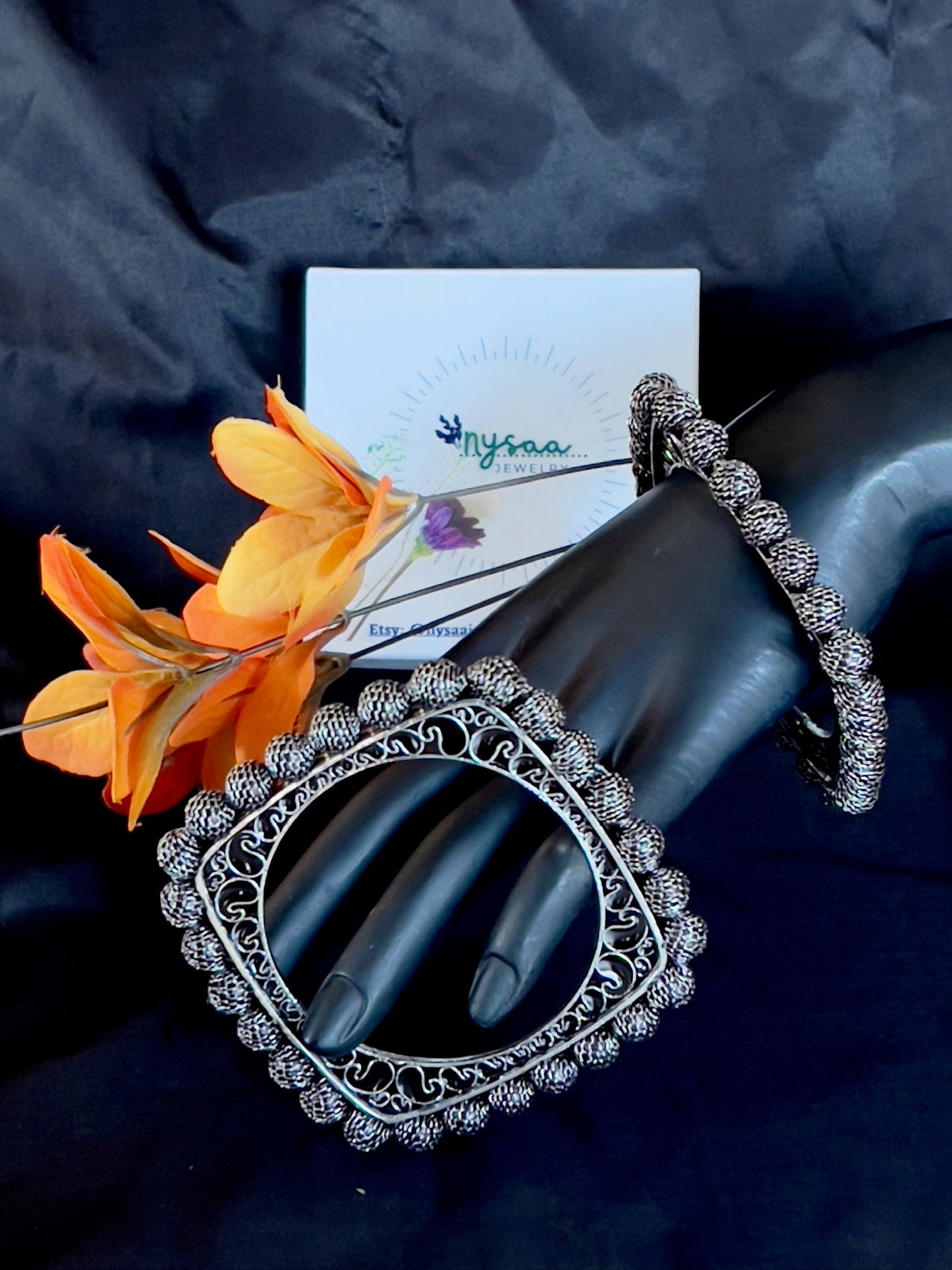 Black Oxidized Bangle Set: German Silver Adjustable Cuff