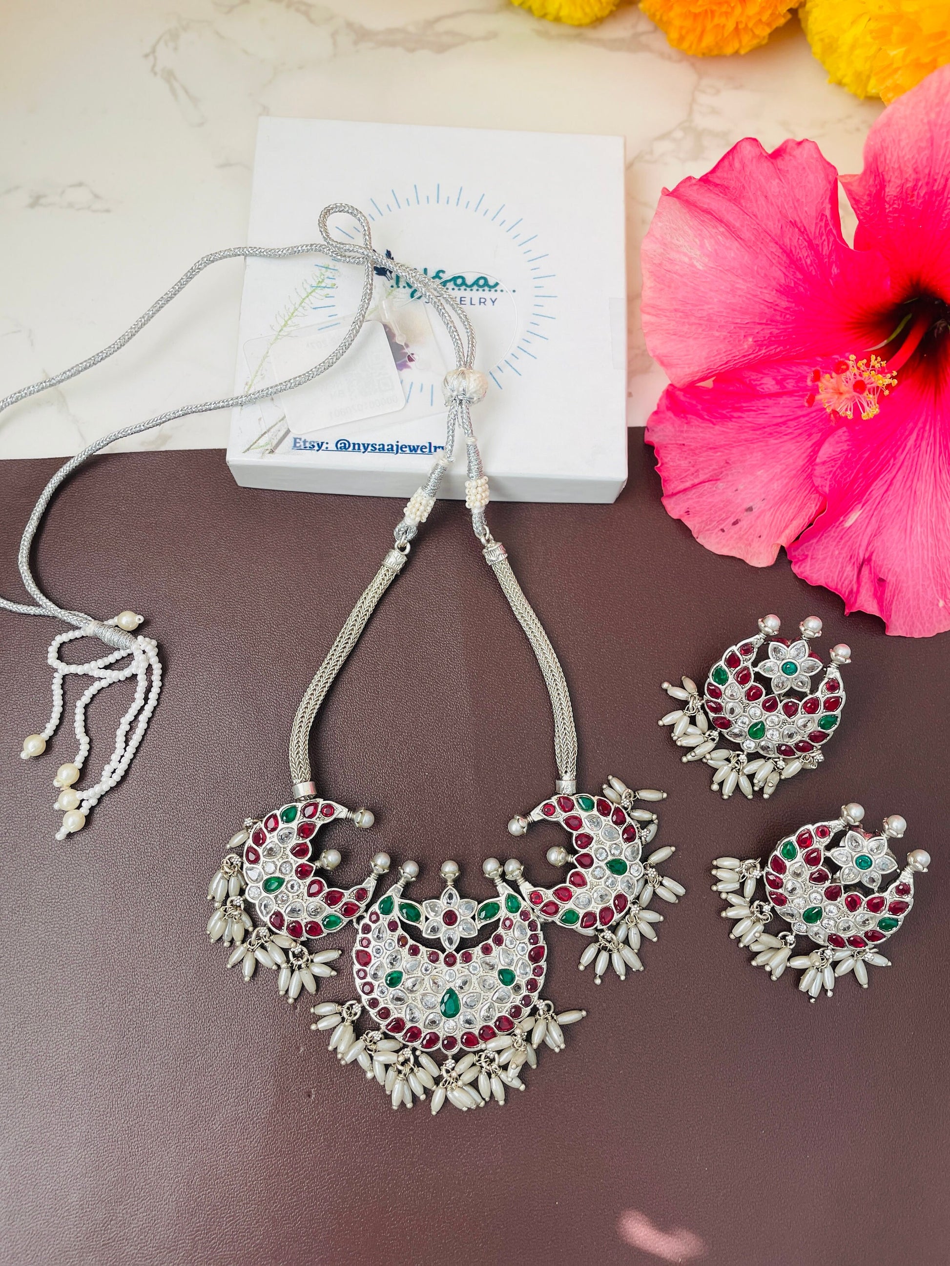 Kemp stone rhodium plated short necklace set